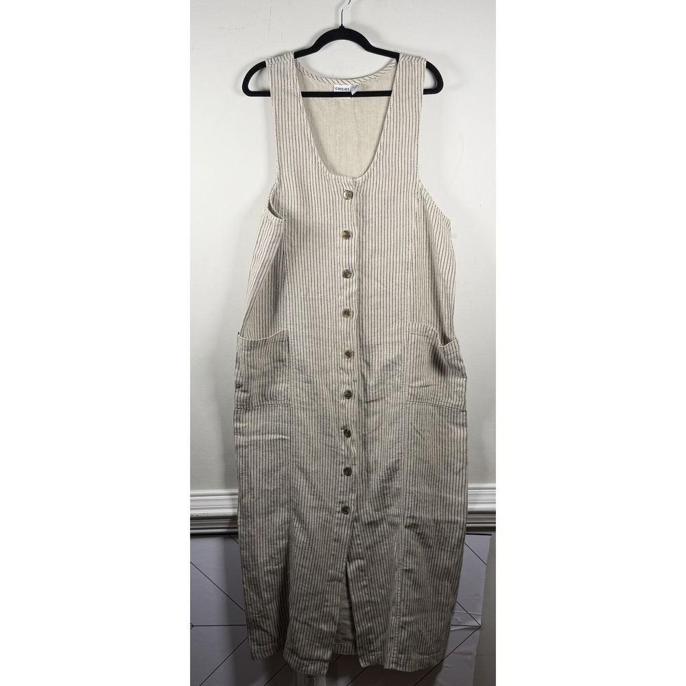 VTG Chicos Design 2 LG Cream Black Stripe 100% Linen Maxi Jumper Dress Pockets